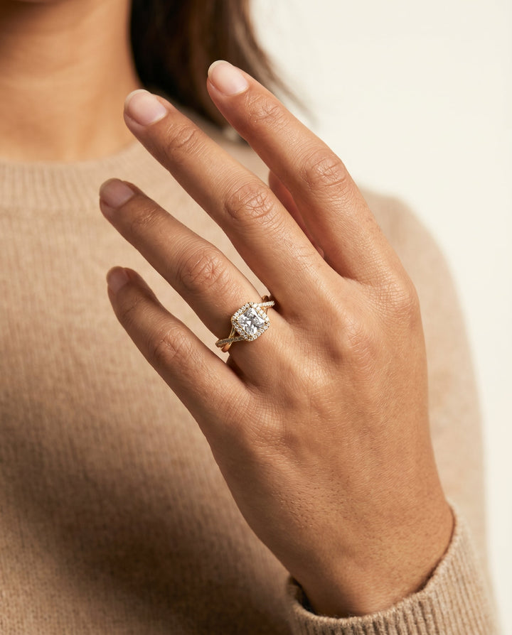 Bold Twist Pavé Halo Princess, in 18K Yellow Gold, pave setting – lifestyle shot | RockHer