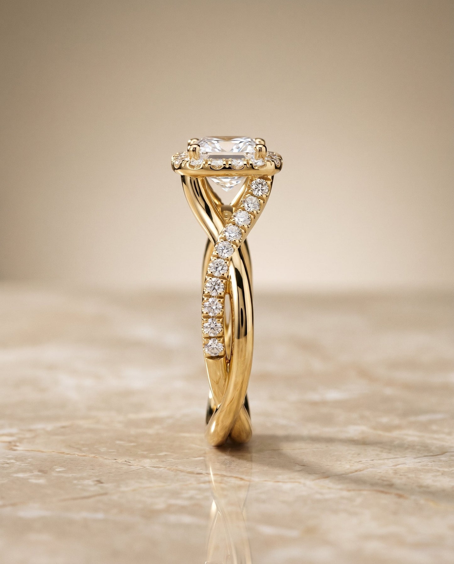 Bold Twist Pavé Halo Princess, in 18K Yellow Gold, pave setting – side profile | RockHer