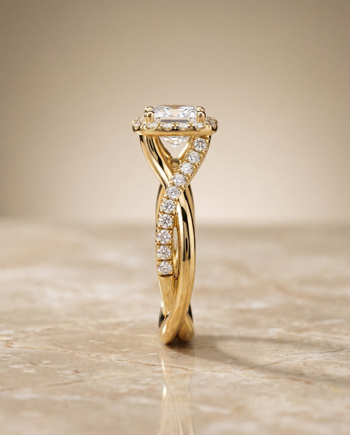 Bold Twist Pavé Halo Princess, in 18K Yellow Gold, pave setting – side profile | RockHer