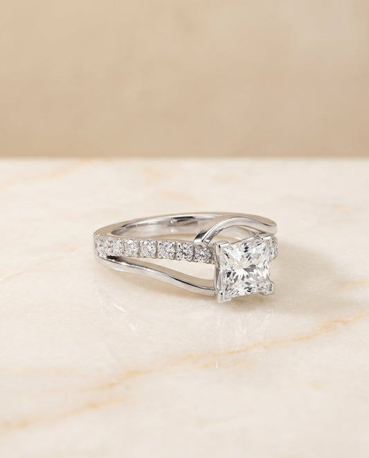 Tatyana Select Bypass Pave Swirl Princess Cut Solitaire in 18K White Gold – view 1