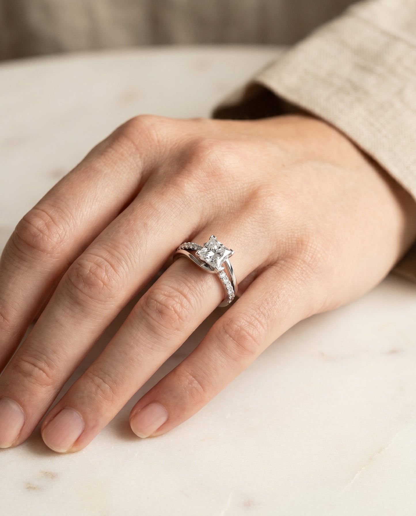 Tatyana Select Bypass Pave Swirl Princess Cut Solitaire in 18K White Gold – view 3