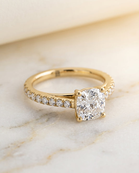 The Donna Cathedral Engagement Ring Setting for Cushion Diamonds in 18K Yellow Gold | RockHer