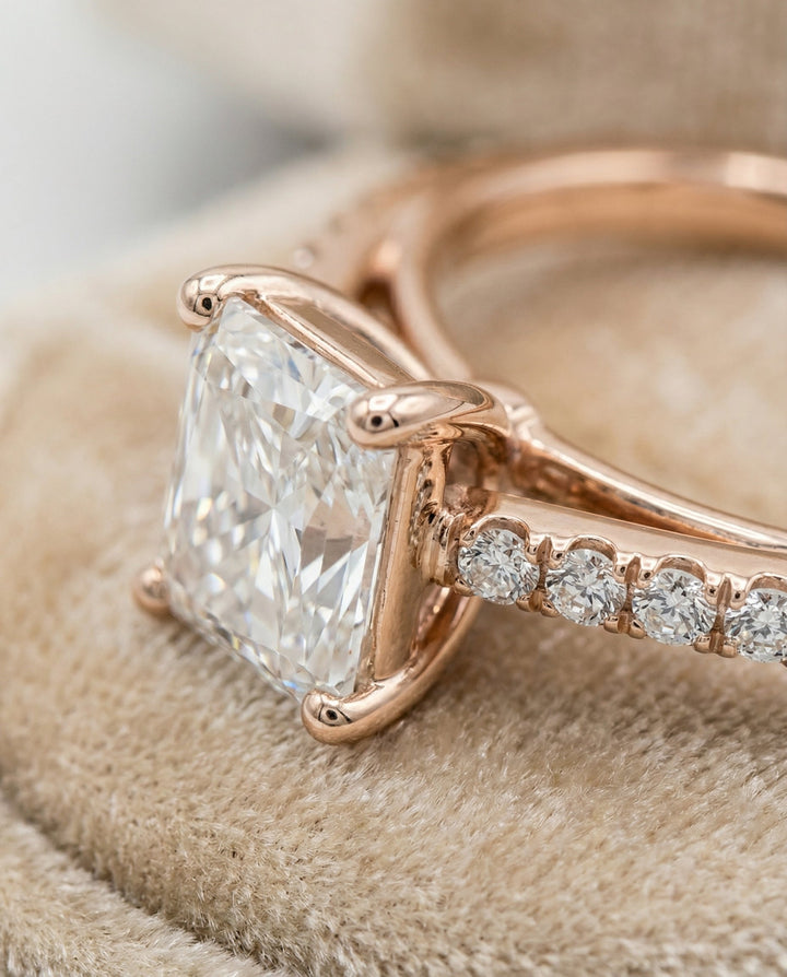 Cathedral French Pavé Solitaire Radiant, in 14K Rose Gold, pave setting – detail view | RockHer