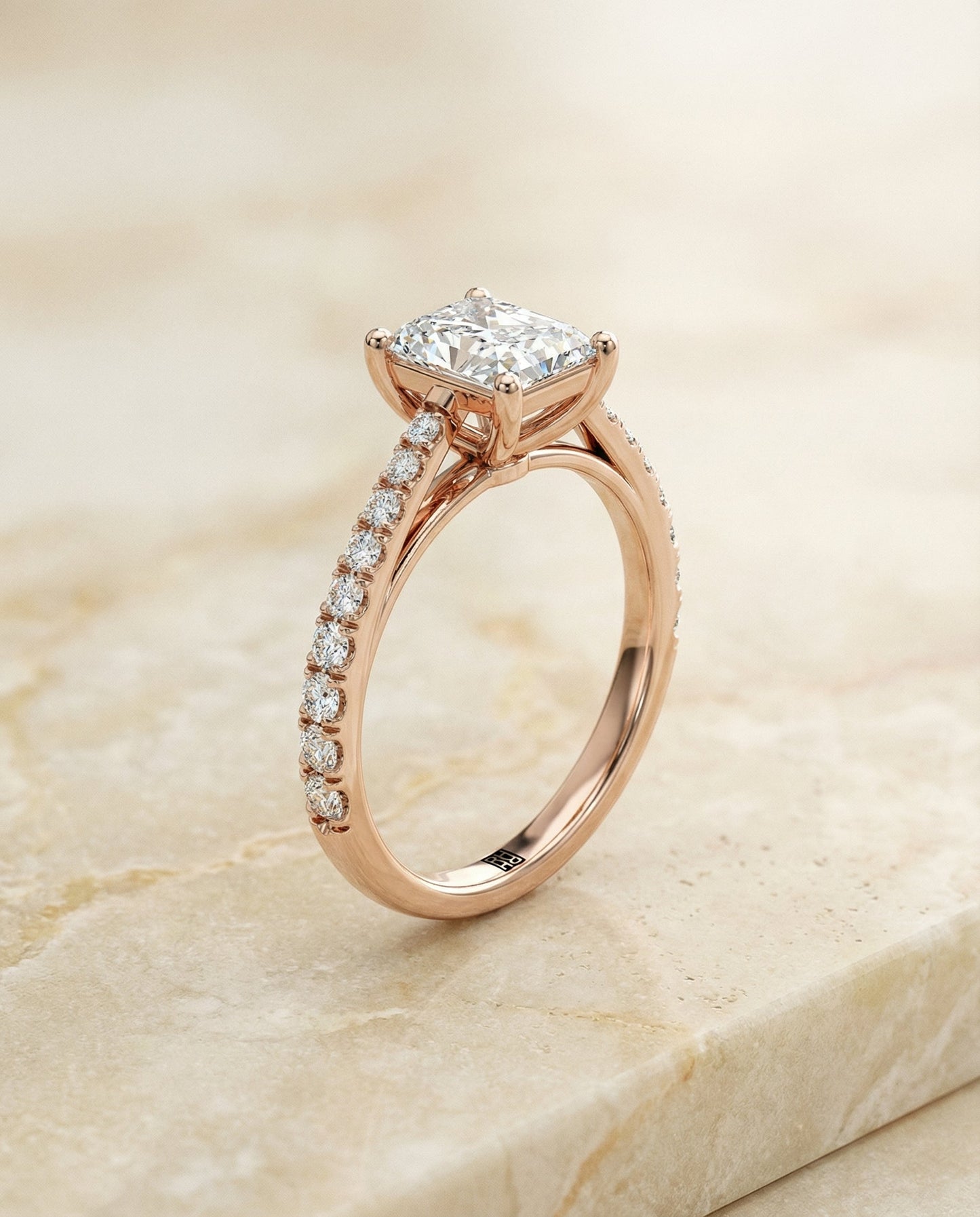 Cathedral French Pavé Solitaire Radiant, in 14K Rose Gold, pave setting – front view | RockHer