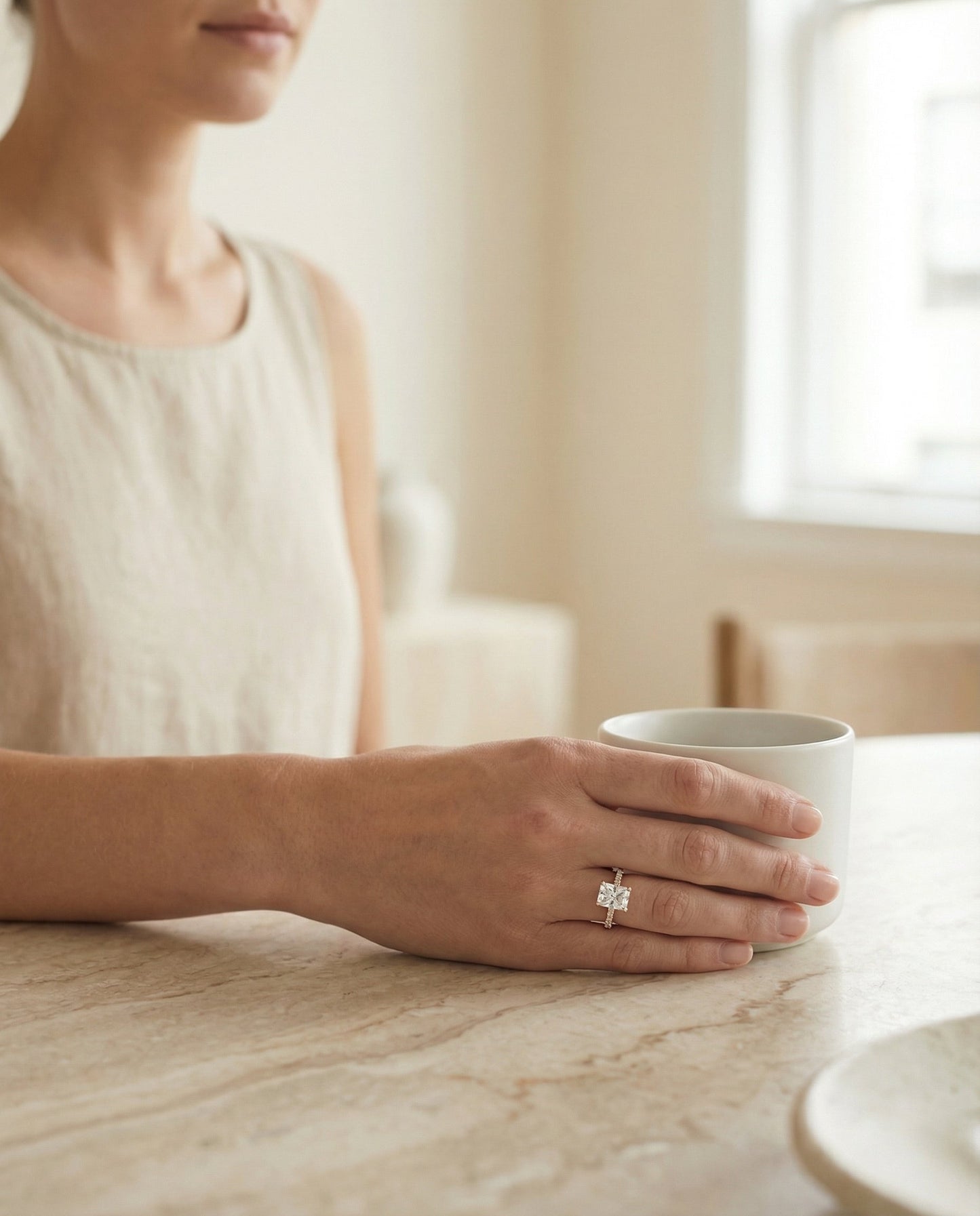 Cathedral French Pavé Solitaire Radiant, in 14K Rose Gold, pave setting – lifestyle shot | RockHer