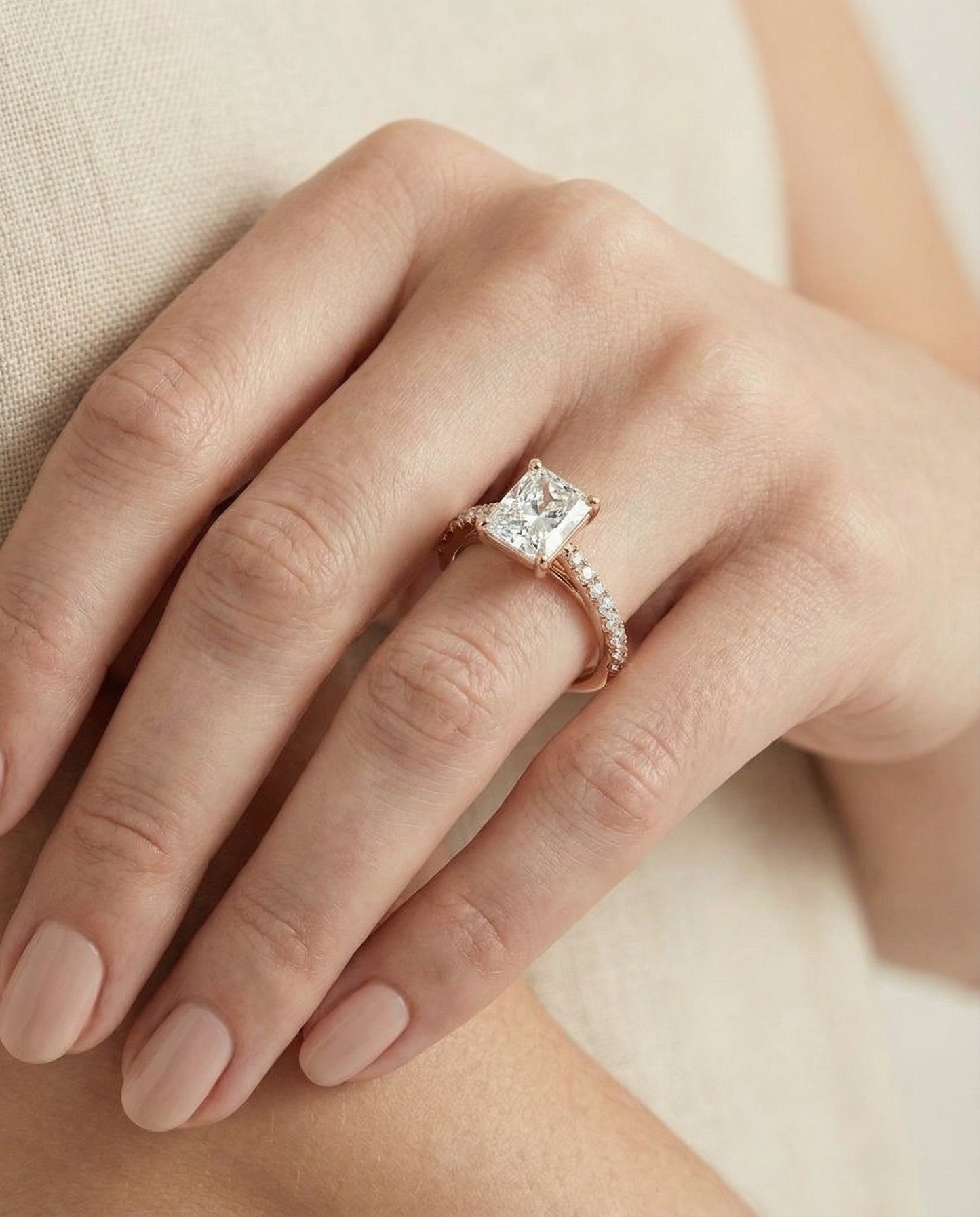 Cathedral French Pavé Solitaire Radiant, in 14K Rose Gold, pave setting – lifestyle shot | RockHer