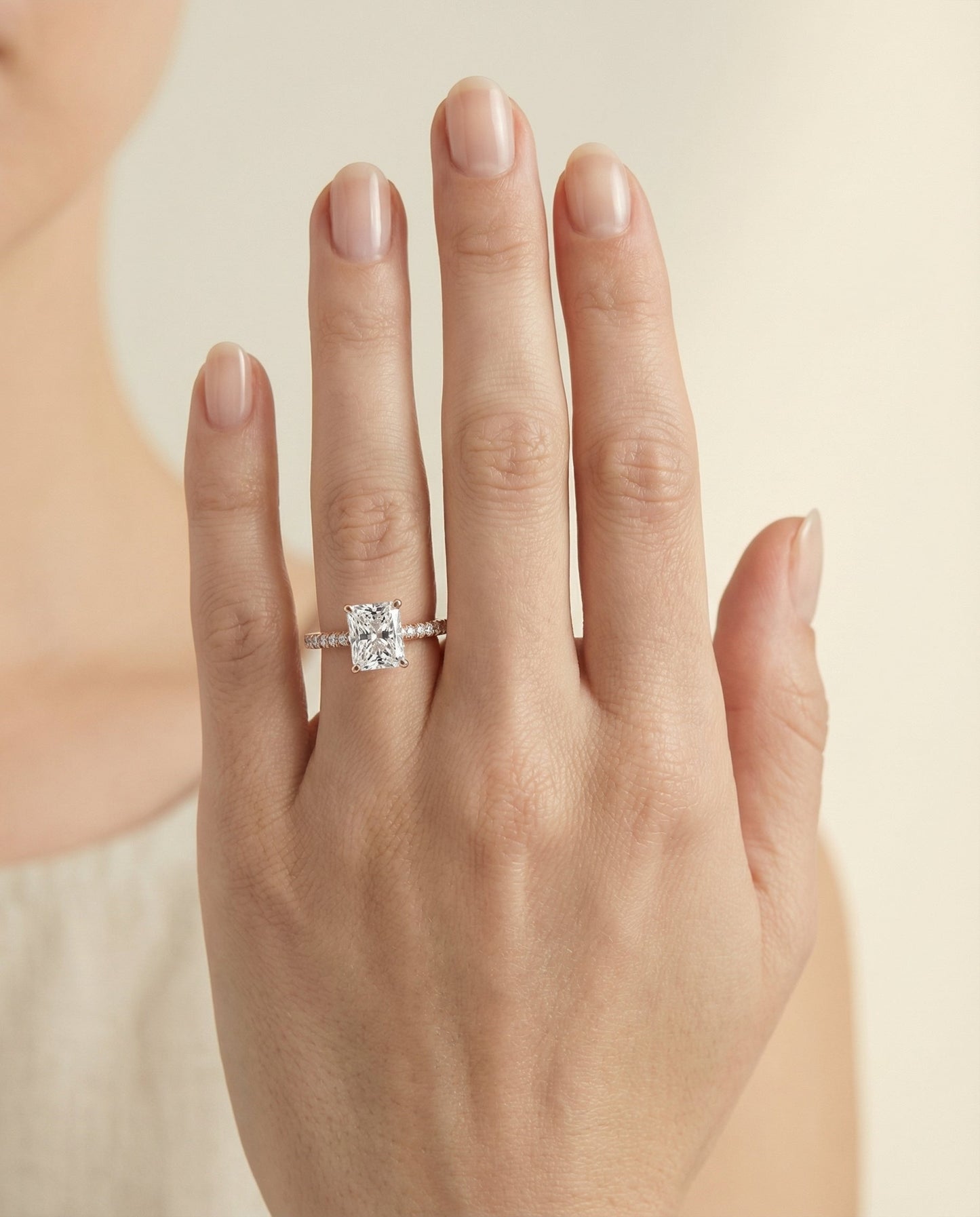 Cathedral French Pavé Solitaire Radiant, in 14K Rose Gold, pave setting – lifestyle shot | RockHer