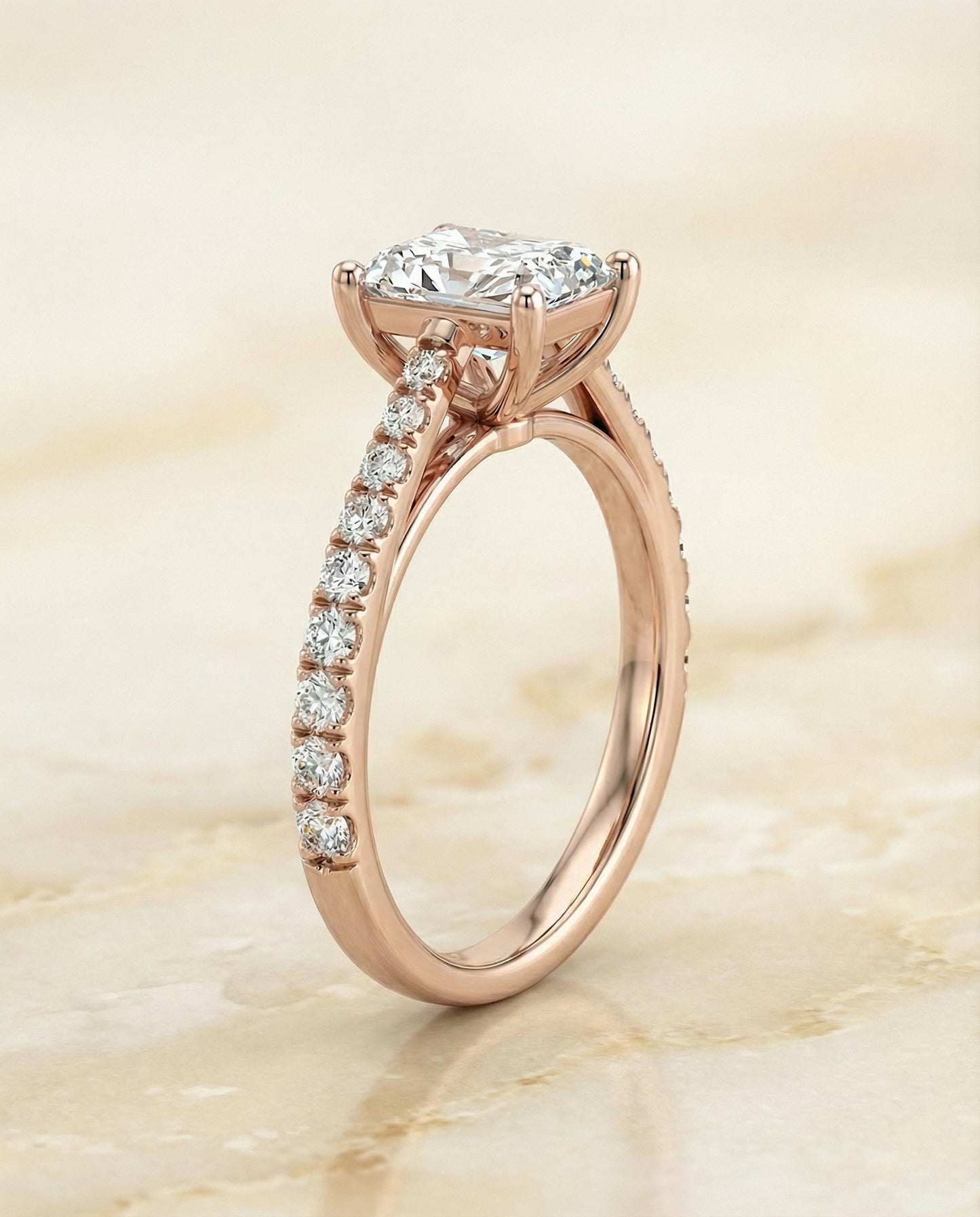 Cathedral French Pavé Solitaire Radiant, in 14K Rose Gold, pave setting – side profile | RockHer