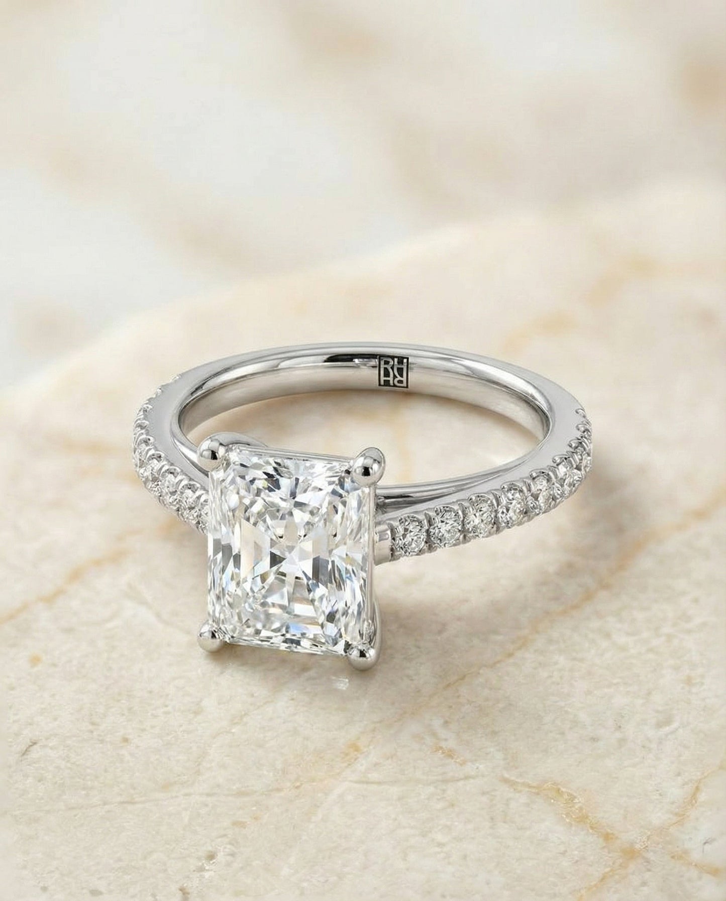 Cathedral French Pavé Solitaire Radiant, in Platinum, pave setting – angled view | RockHer