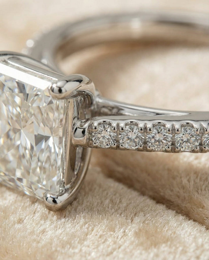 Cathedral French Pavé Solitaire Radiant, in Platinum, pave setting – detail view | RockHer