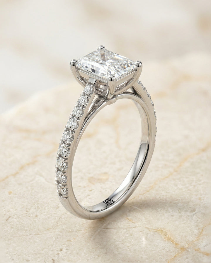 Cathedral French Pavé Solitaire Radiant, in Platinum, pave setting – front view | RockHer