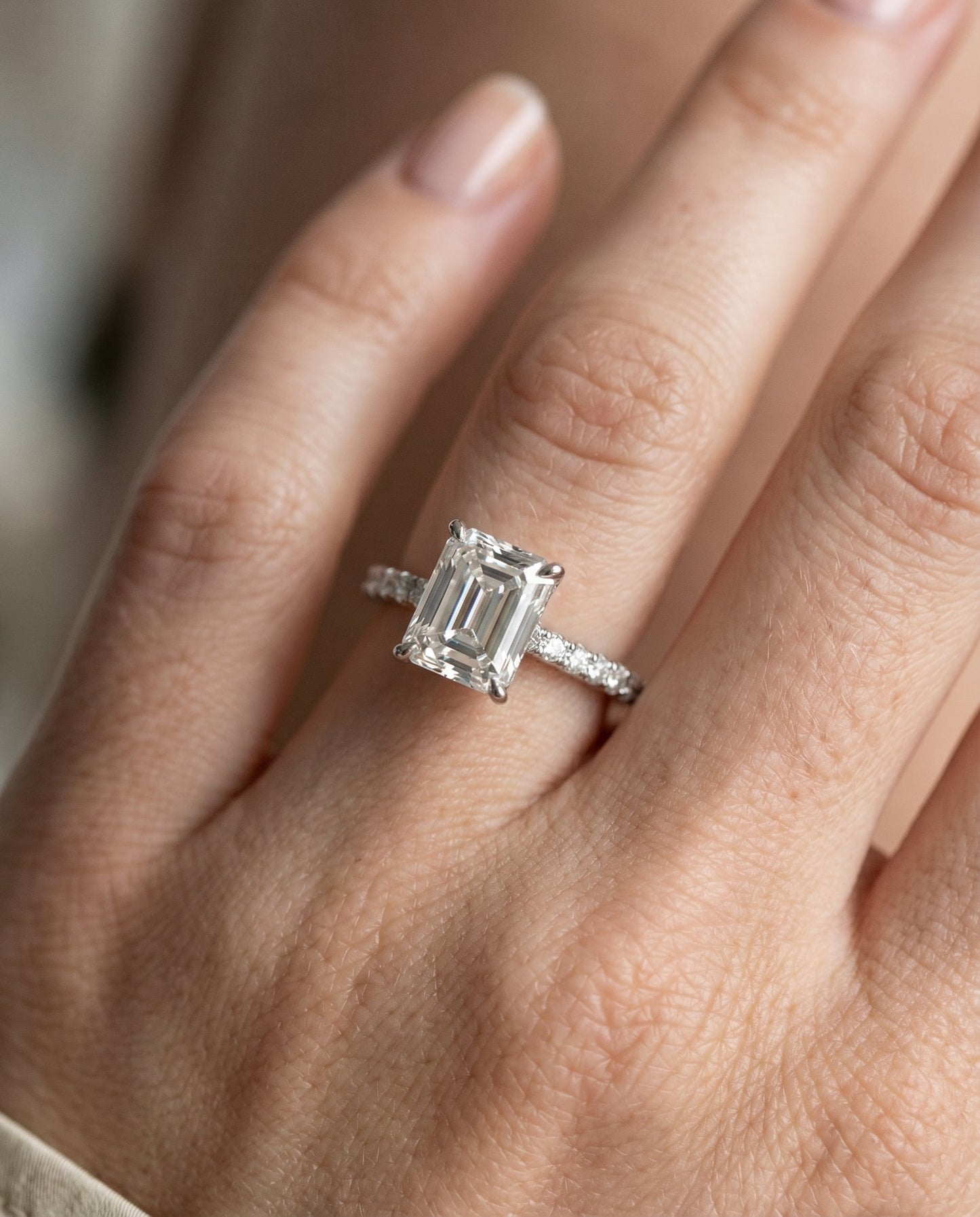 Cathedral French Pavé Solitaire Radiant, in Platinum, pave setting – lifestyle shot | RockHer