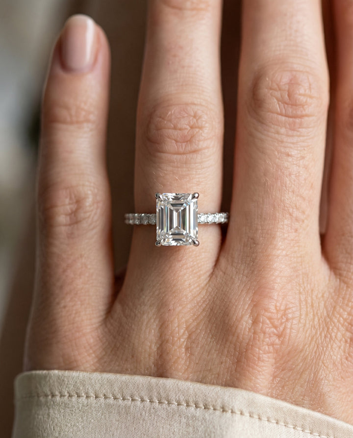 Cathedral French Pavé Solitaire Radiant, in Platinum, pave setting – lifestyle shot | RockHer