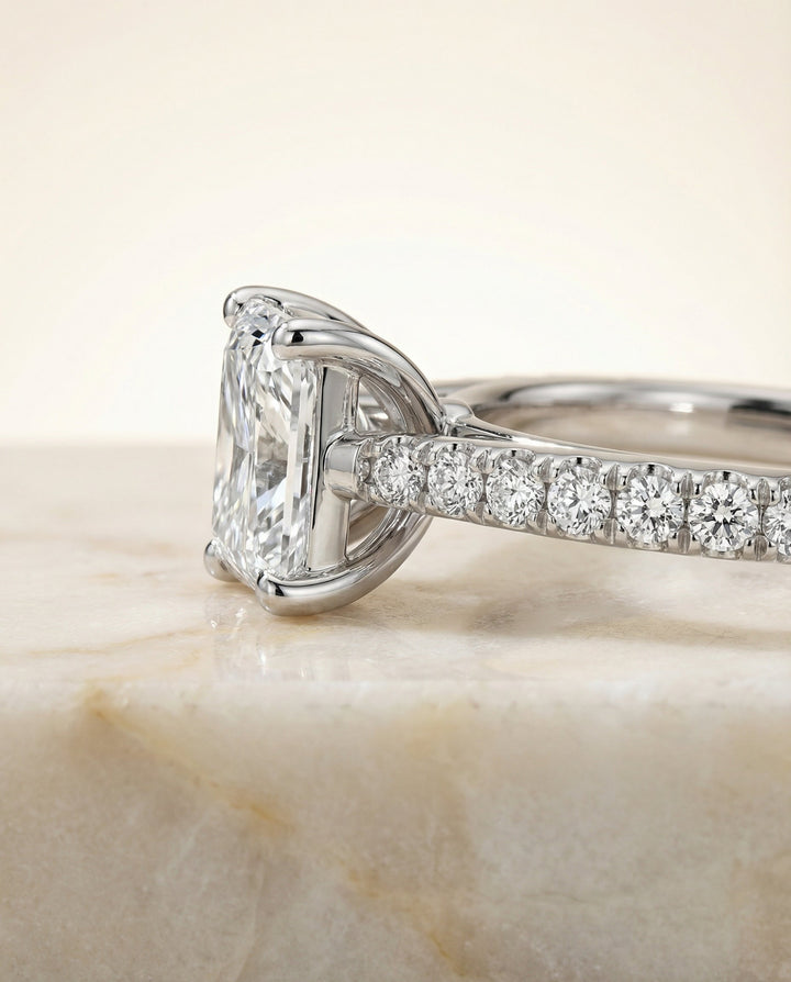 Cathedral French Pavé Solitaire Radiant, in Platinum, pave setting – side profile | RockHer