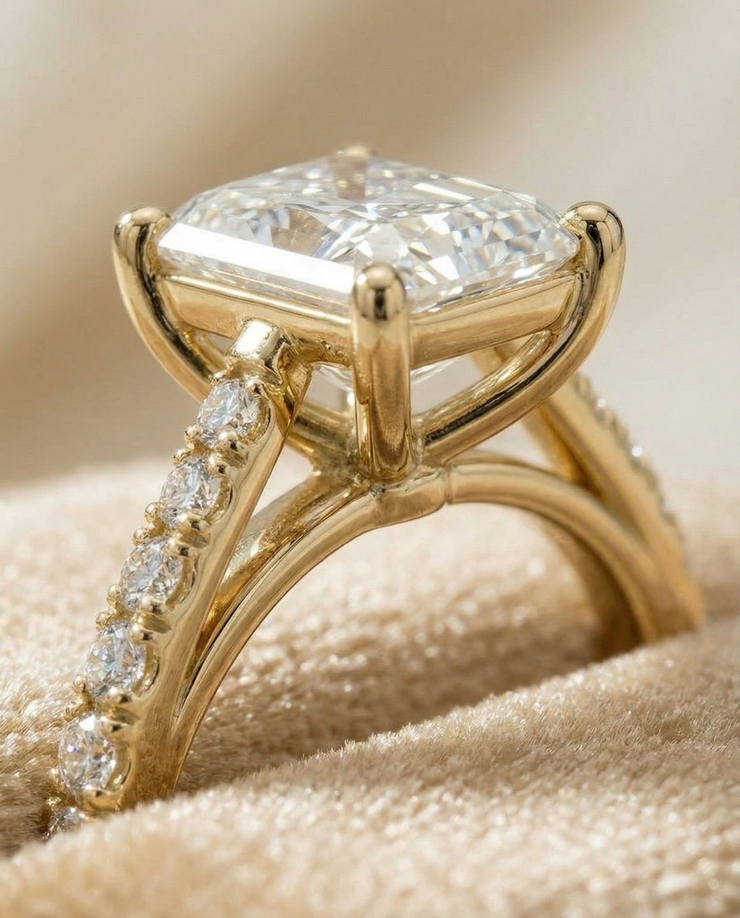 Cathedral French Pavé Solitaire Radiant, in 18K Yellow Gold, pave setting – detail view | RockHer