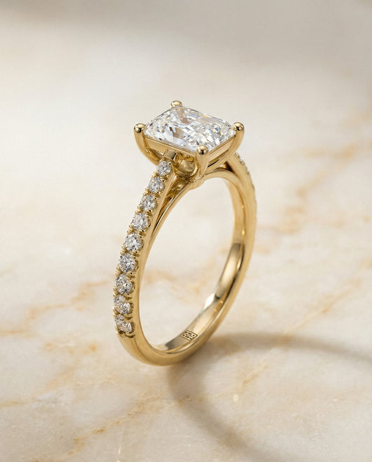 Cathedral French Pavé Solitaire Radiant, in 18K Yellow Gold, pave setting – front view | RockHer