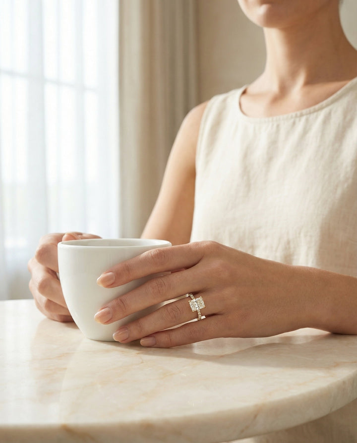 Cathedral French Pavé Solitaire Radiant, in 18K Yellow Gold, pave setting – lifestyle shot | RockHer