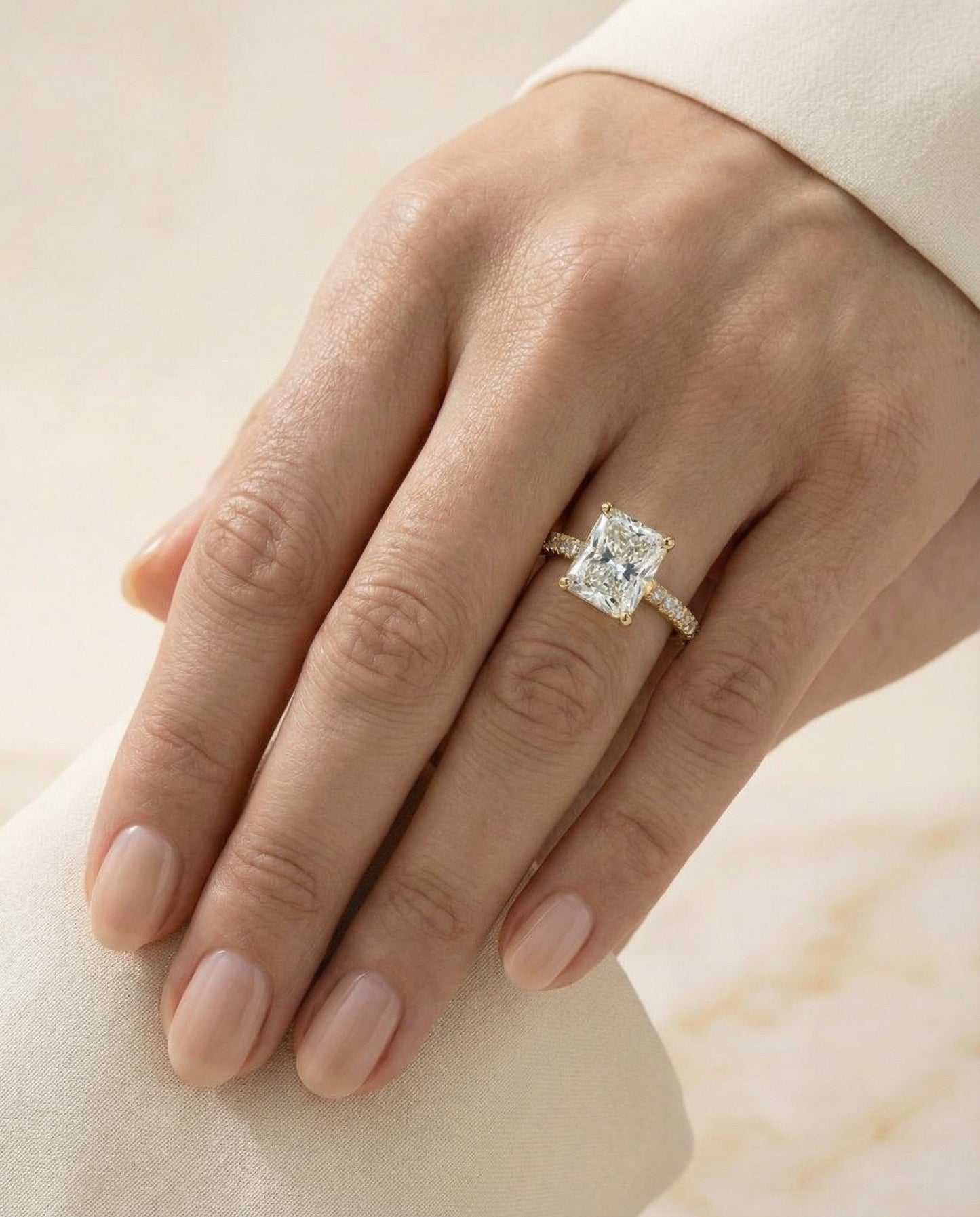Cathedral French Pavé Solitaire Radiant, in 18K Yellow Gold, pave setting – lifestyle shot | RockHer