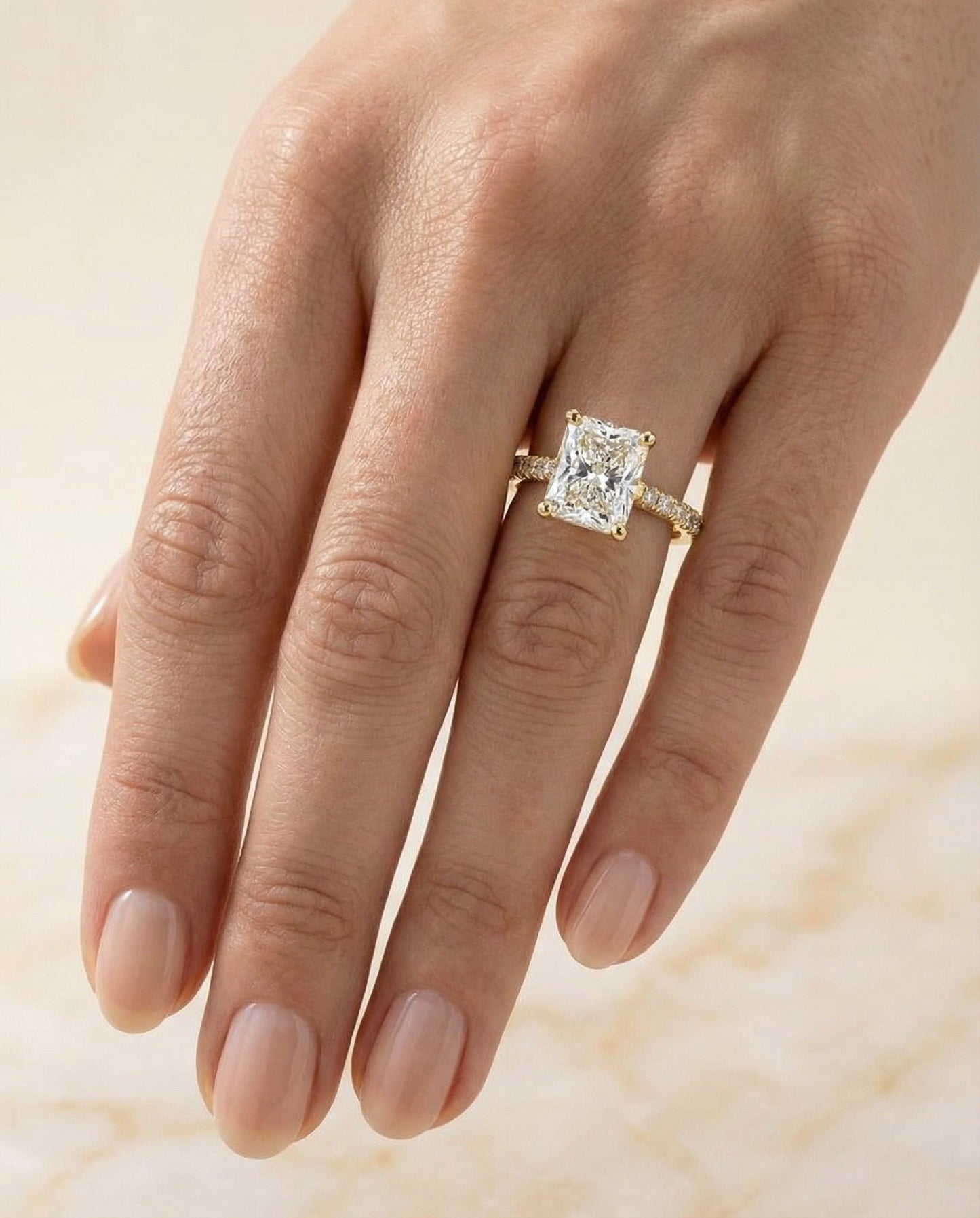 Cathedral French Pavé Solitaire Radiant, in 18K Yellow Gold, pave setting – lifestyle shot | RockHer