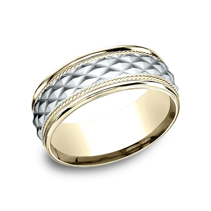 แหวนลายตัดขวางขอบกลมสวมใส่สบาย 8 มม. สองโทนสี 14k