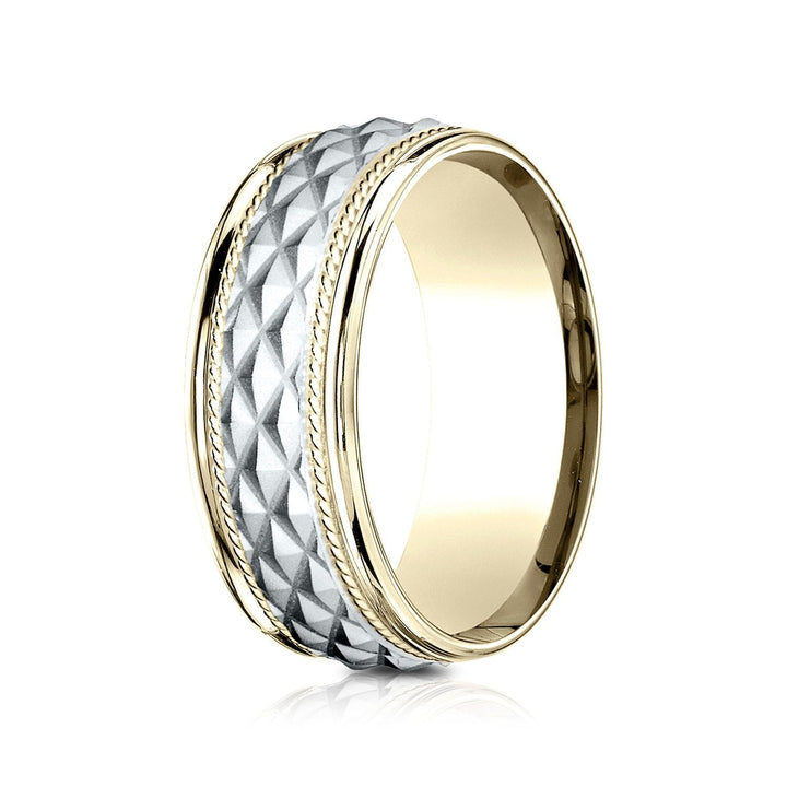 แหวนลายตัดขวางขอบกลมสวมใส่สบาย 8 มม. สองโทนสี 14k