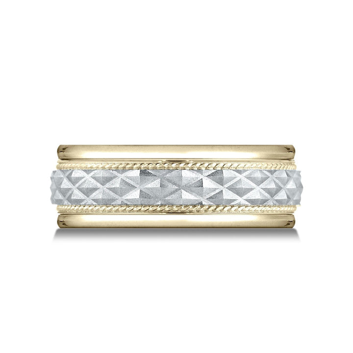 8mm High Polish Cross Hatch Center Carved Wedding Band, in 14K White Gold | RockHer