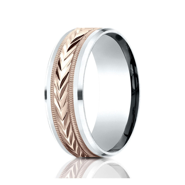 แหวนดีไซน์ลายข้าวสาลีแบบสองโทน 14k ขนาด 8 มม. แบบสวมใส่สบาย ขอบหยักแบบดรอป