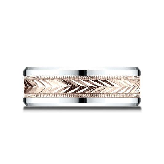 แหวนดีไซน์ลายข้าวสาลีแบบสองโทน 14k ขนาด 8 มม. แบบสวมใส่สบาย ขอบหยักแบบดรอป