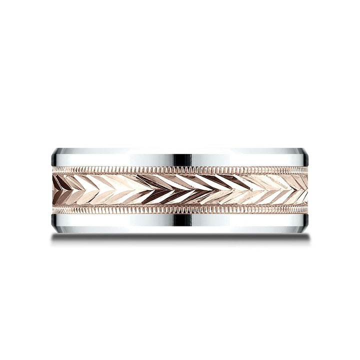 8mm Drop Bevel Wheat Pattern Carved Wedding Band, in 14K White Gold | RockHer