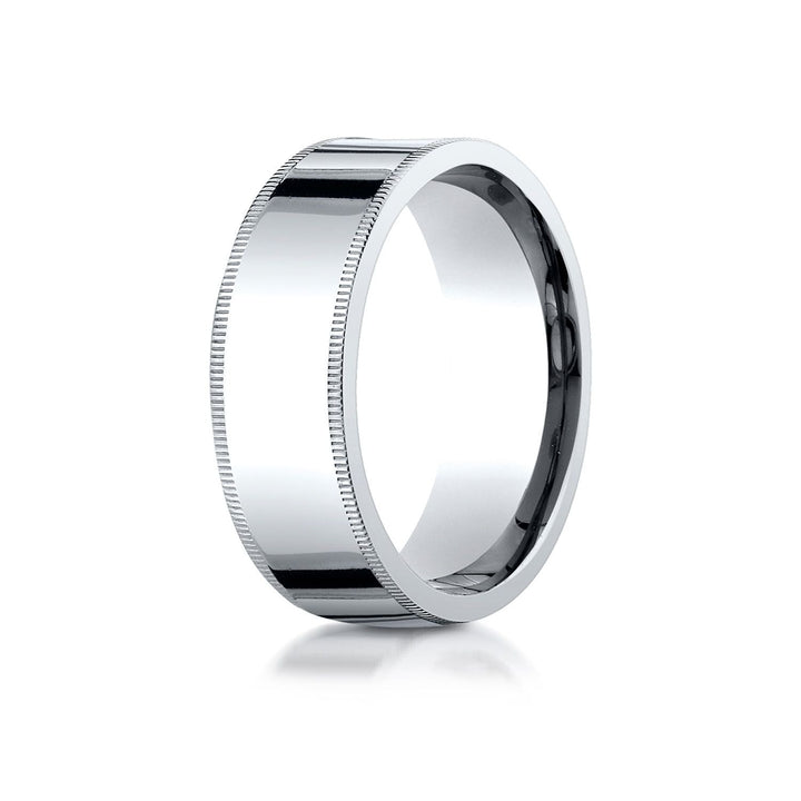 8mm Flat Milgrain Comfort-Fit Wedding Band, in 18K White Gold | RockHer