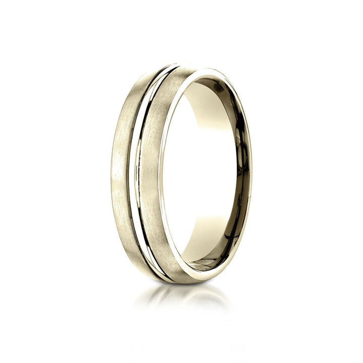 6mm Satin Finish High Polished Center Cut Carved Wedding Band, in 18K Yellow Gold | RockHer