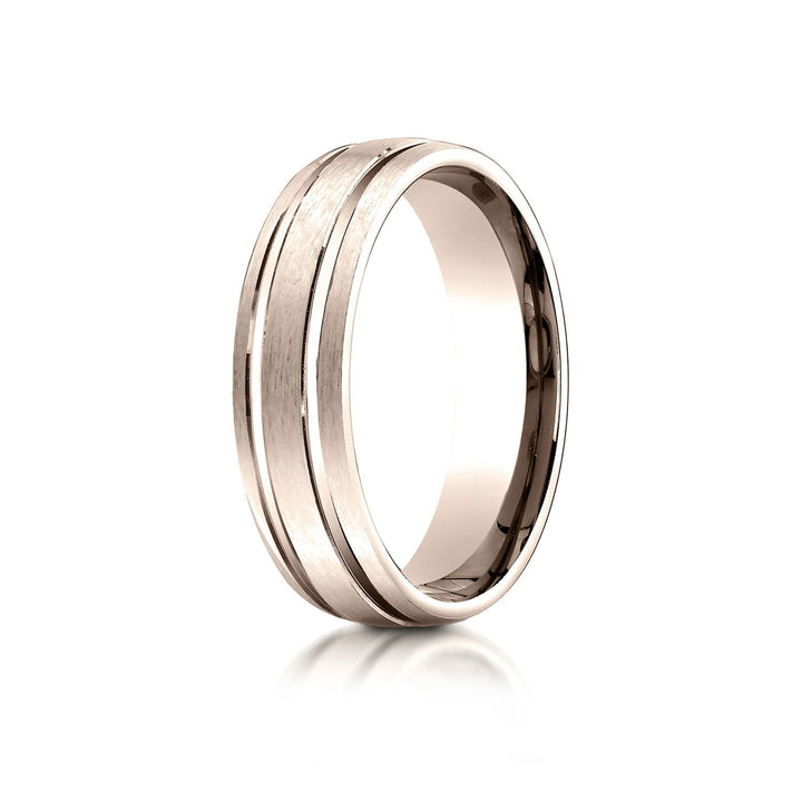 6mm Satin Finish Parallel Groove Carved Wedding Band, in 14K Rose Gold | RockHer