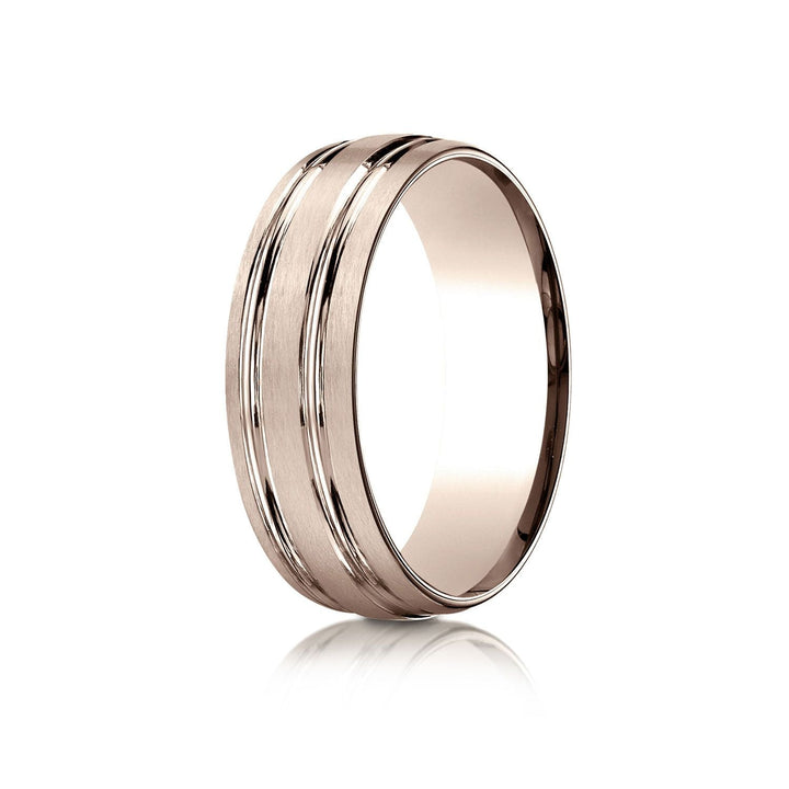 7mm Satin Finish Parallel Groove Carved Wedding Band, in 14K Rose Gold | RockHer