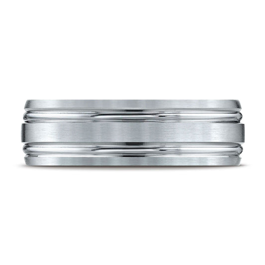 แพลตินัม แหวนดีไซน์สลักร่องขนาน ขนาด 7 มม. แบบสวมใส่สบาย ผิวด้าน Satin-finished