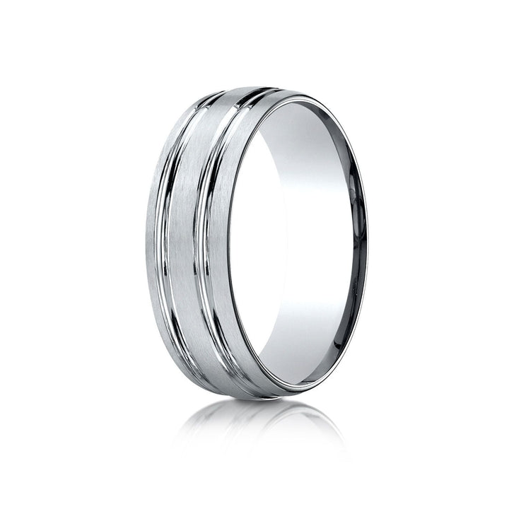 7mm Satin Finish Parallel Groove Carved Wedding Band, in 18K White Gold | RockHer