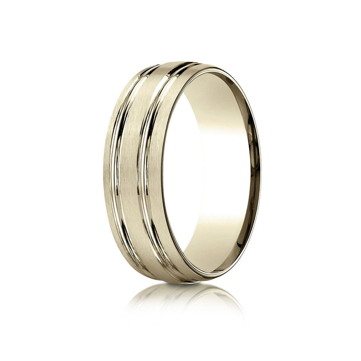 7mm Satin Finish Parallel Groove Carved Wedding Band, in 18K Yellow Gold | RockHer