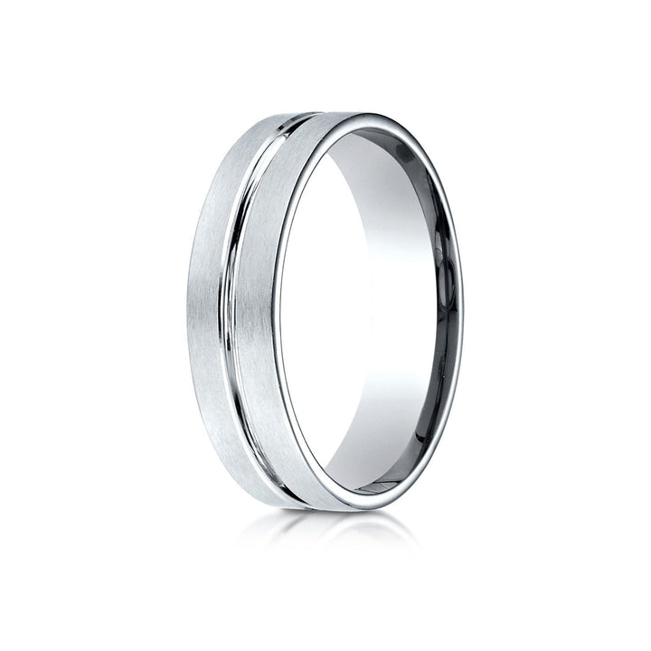 6mm Satin Finish High Polished Center Cut Carved Wedding Band, in 14K White Gold | RockHer