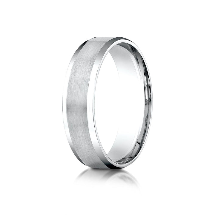 6mm Satin Finish High Polished Beveled Edge Carved Wedding Band, in 18K White Gold | RockHer