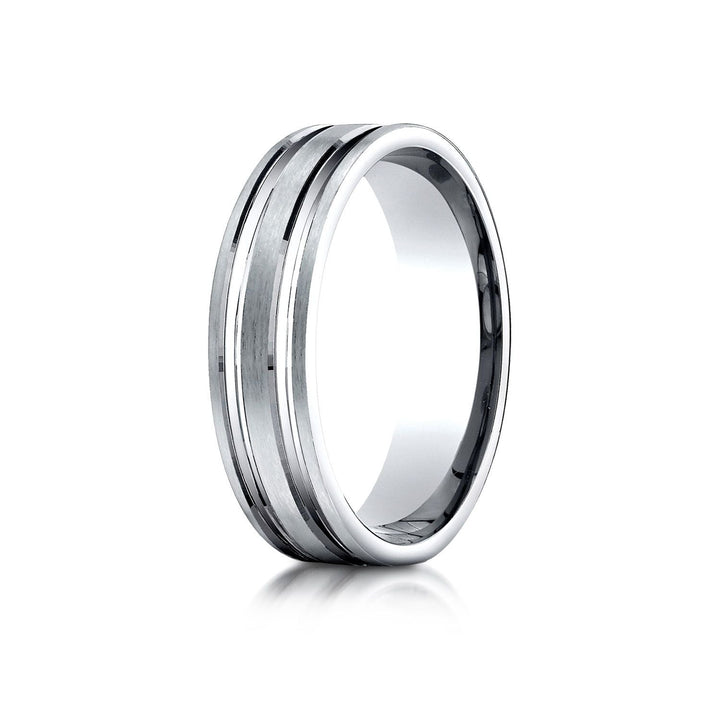 6mm Satin Finish Parallel Groove Carved Wedding Band, in 14K White Gold | RockHer
