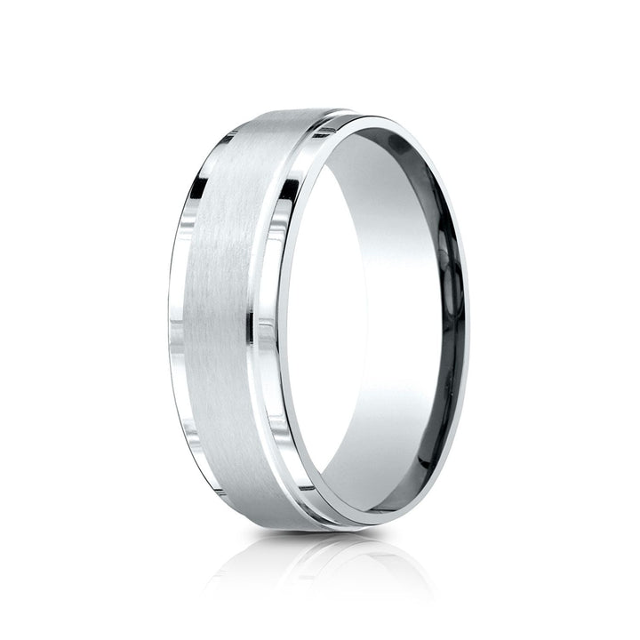 7mm Satin Finish Carved Wedding Band, in 18K White Gold | RockHer