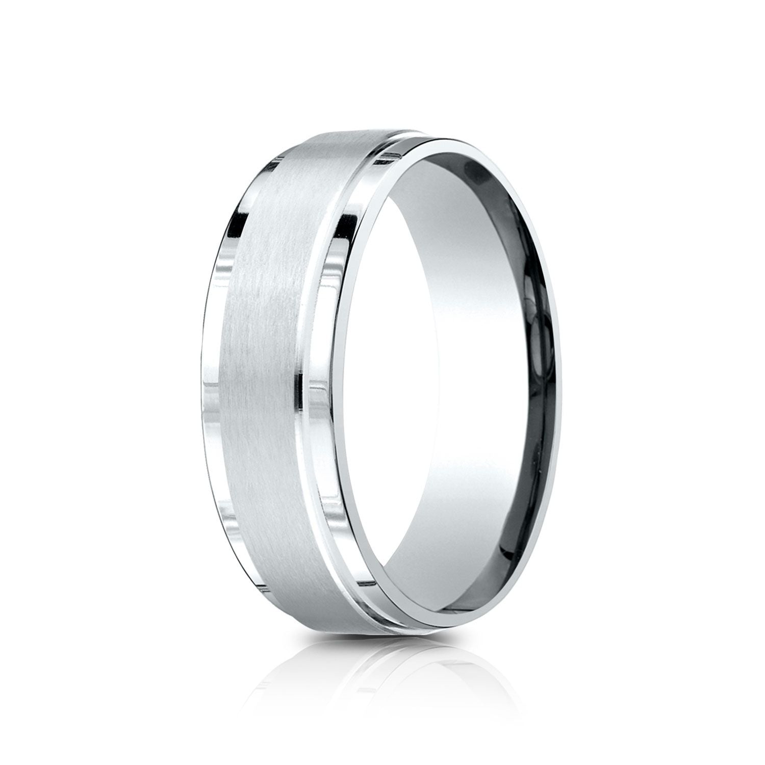 แหวนทองคำขาว 14 กะรัต ขนาด 7 มม. แบบสบาย ขอบเงาสว่าง ผิวซาติน ดีไซน์กลาง