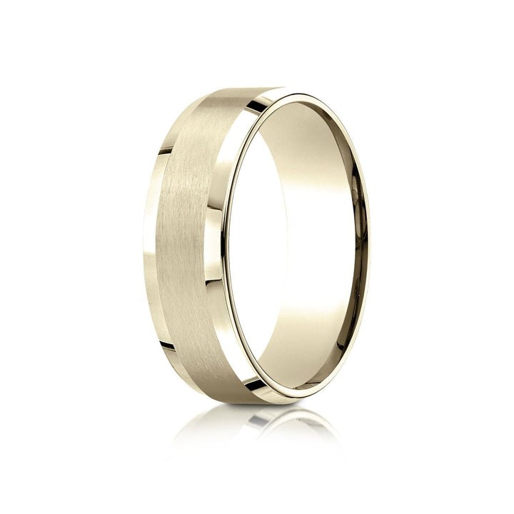 7mm Satin Finish High Polished Beveled Edge Carved Wedding Band, in 18K Yellow Gold | RockHer
