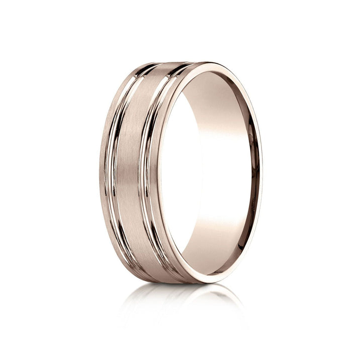 7mm Satin Finish Parallel Groove Carved Wedding Band, in 14K Rose Gold | RockHer