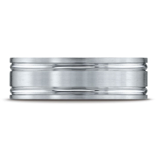 แพลตินัม แหวนดีไซน์สลักร่องขนาน ขนาด 7 มม. แบบสวมใส่สบาย ผิวด้าน Satin-finished