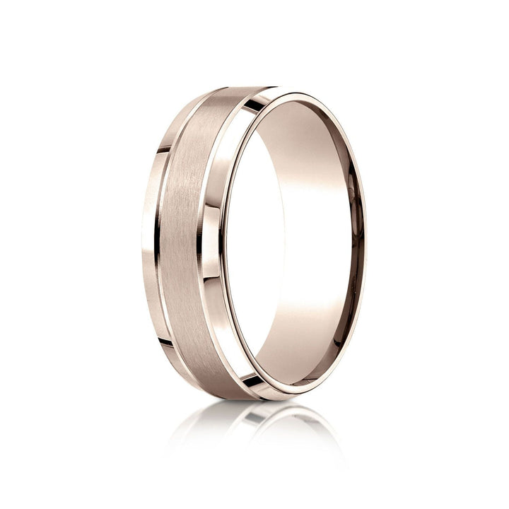 7mm Satin Finish High Polished Beveled Edge Carved Wedding Band, in 14K Rose Gold | RockHer