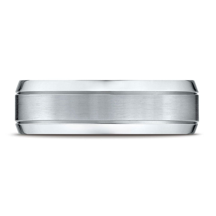 7mm Satin Finish High Polished Beveled Edge Carved Wedding Band, in Platinum | RockHer