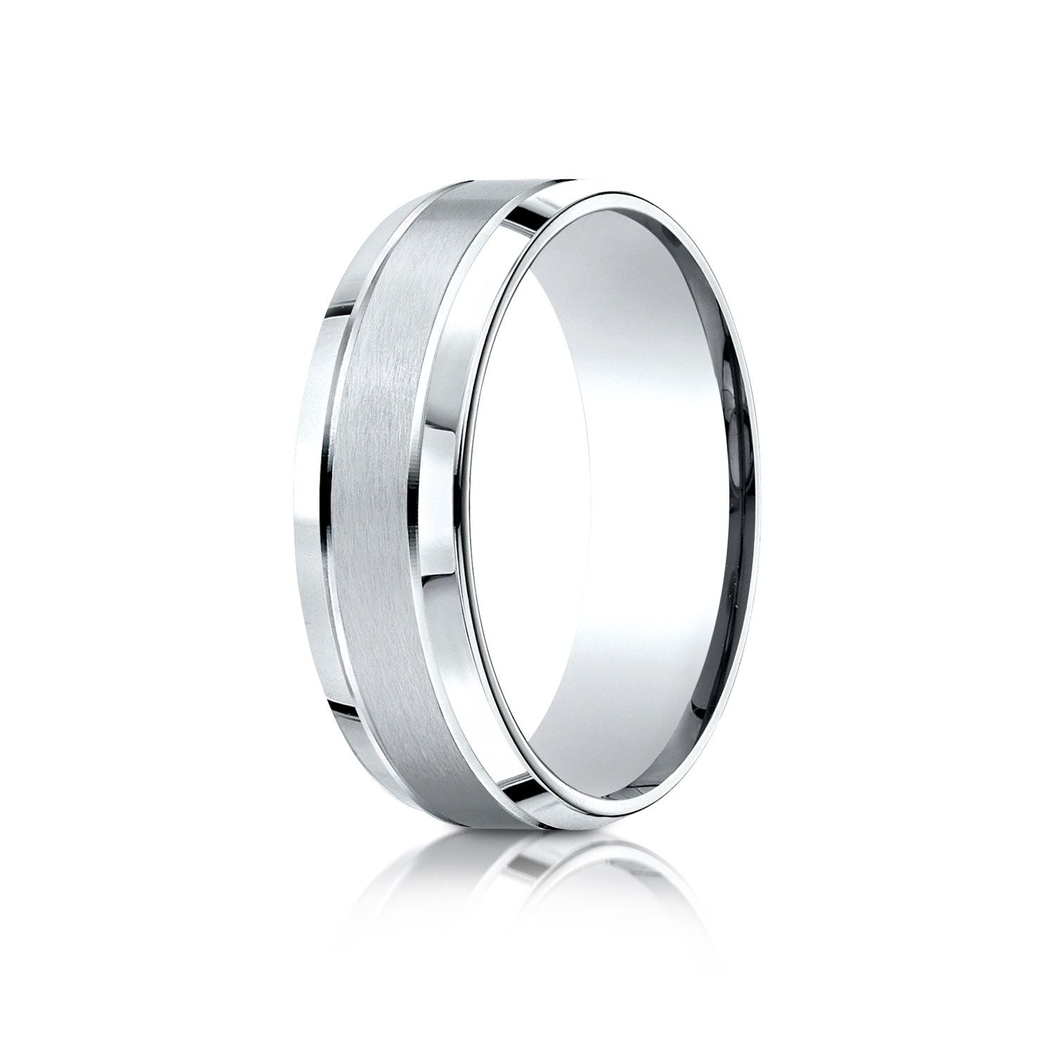 18k White Gold 7mm Comfort-fit Satin-finished High Polished Beveled Edge Carved Design Band