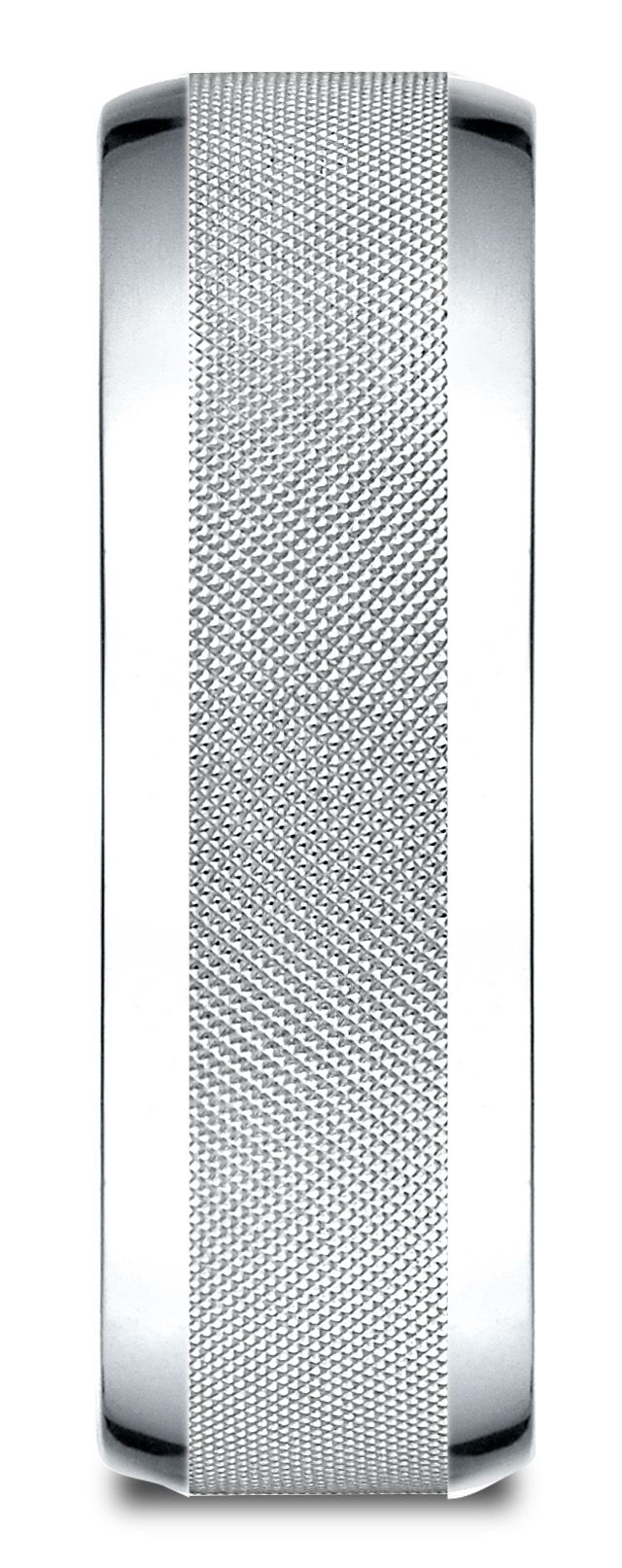 แหวนทองคำขาว 18 กะรัต ขนาด 7 มม. แบบสวมใส่สบาย ขอบกลมขัดเงาสูง ดีไซน์กลางลายตารางไขว้