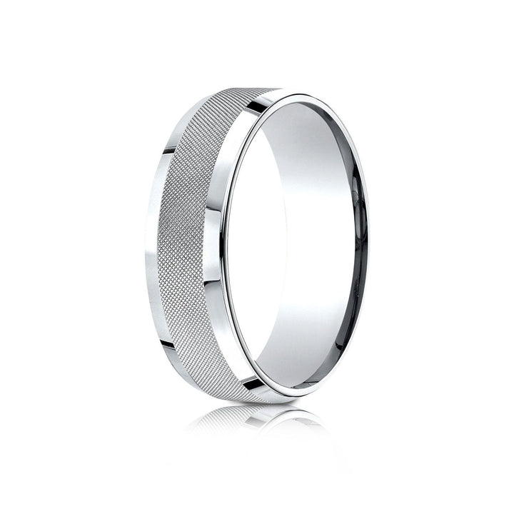7mm High Polish Cross Hatch Center Carved Wedding Band, in 14K White Gold | RockHer