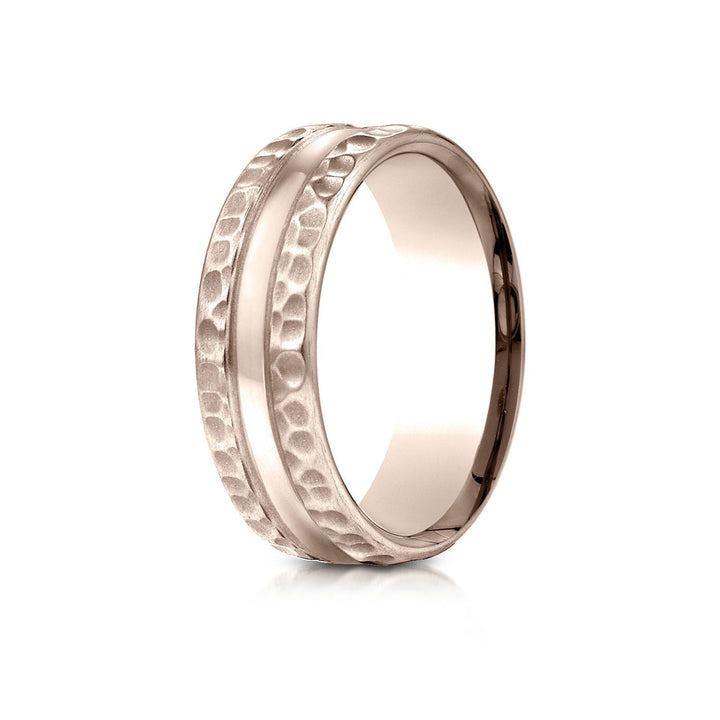 7.5mm Hammered Finish Carved Wedding Band, in 14K Rose Gold | RockHer